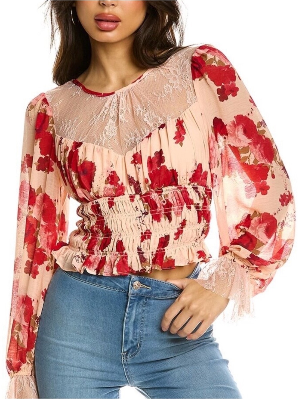 Free People Daphne Women’s Lace Smocked Top Size M Romantic Coquette Sheer Soft